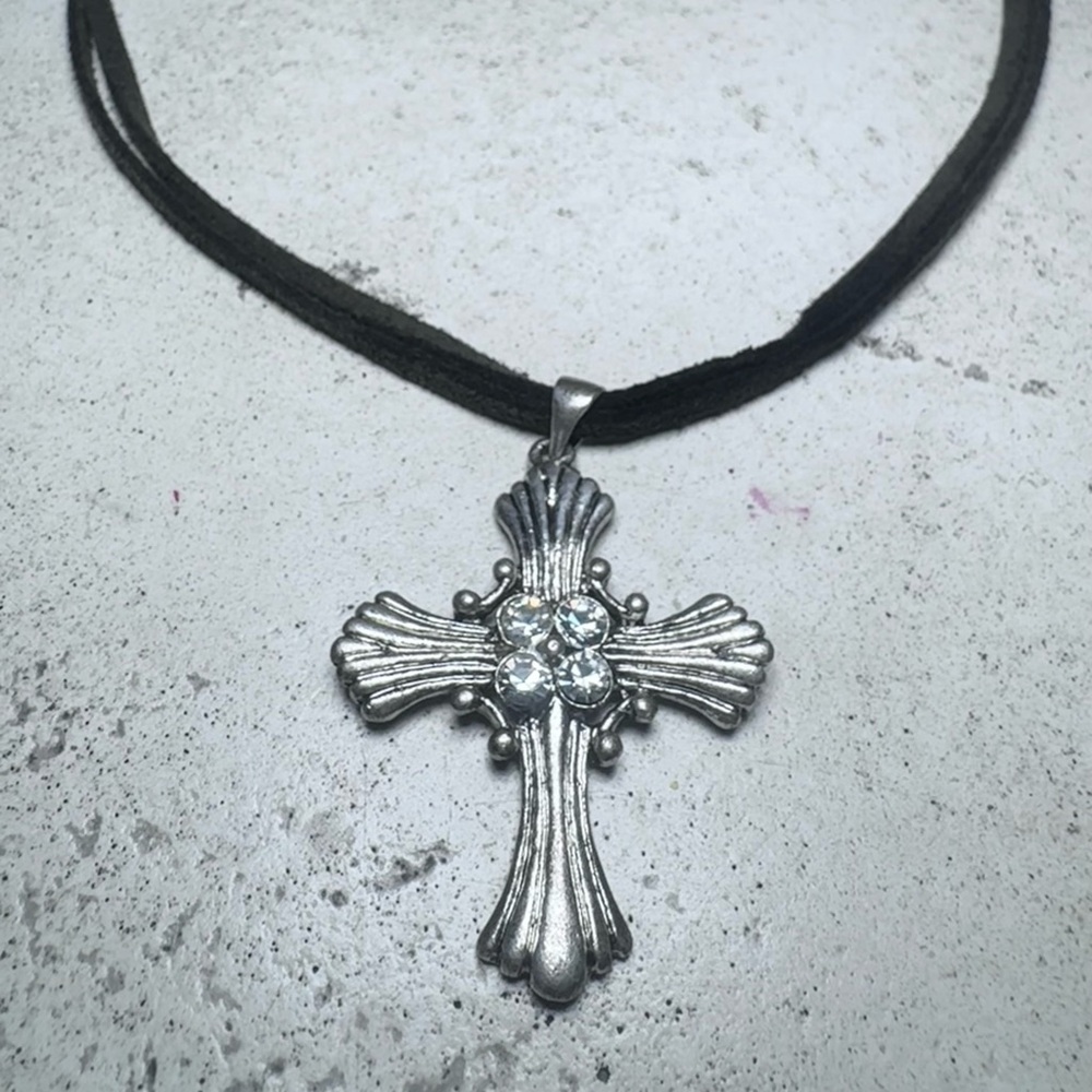 Chunky Cross Necklace w/ Double Green Suede Cord